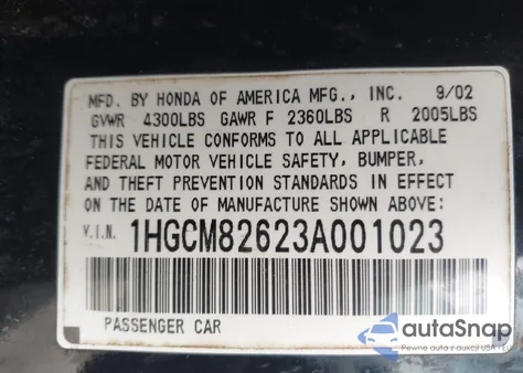 2003 Honda Accord 3.0 Ex from USA, damaged, VIN 1HGCM82623A001023